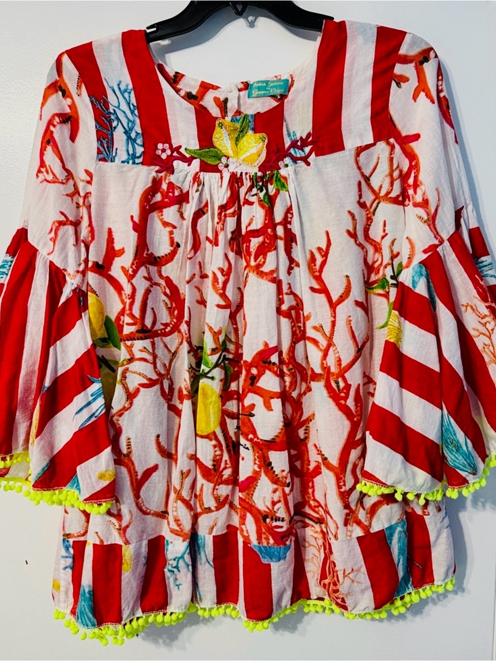 Antica Sartoria Red & White Striped Coral Print Women's Peasant Blouse L